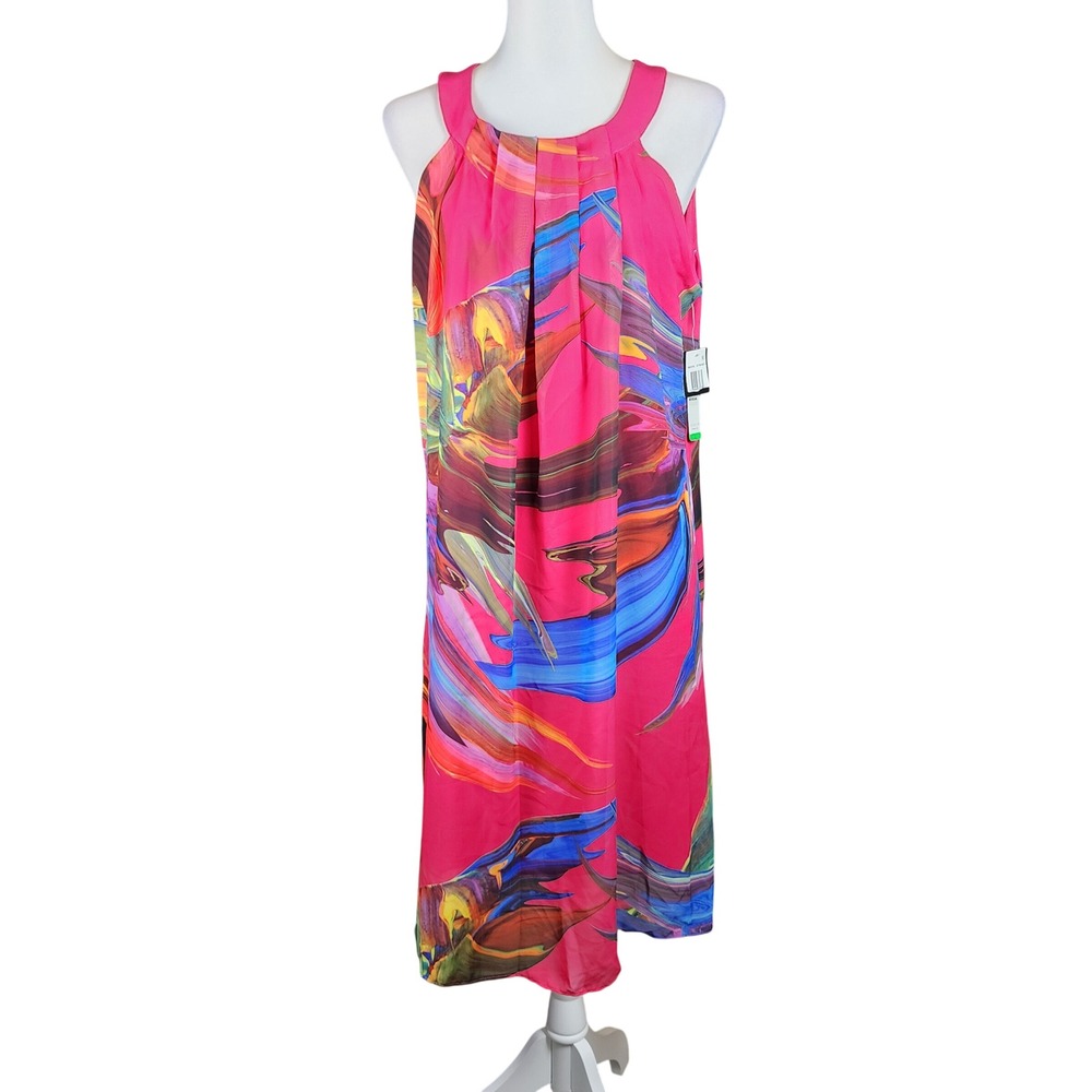 Robbie Bee Halter Dress Womens Large Hot Pink Abstract Pleated Casual Travel NEW
